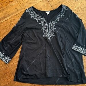 J. Jill Black Blouse with White Embroidery